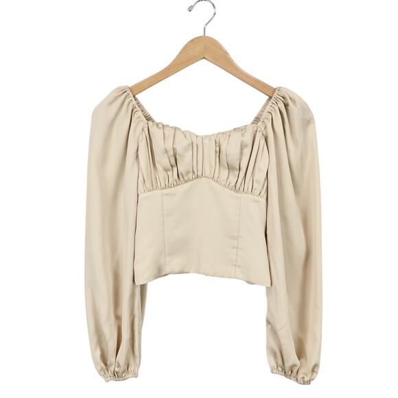 Abercrombie & Fitch Tops - Abercrombie & Fitch Puff Sleeve Ruched Satin Crop Top Champagne XS NWT